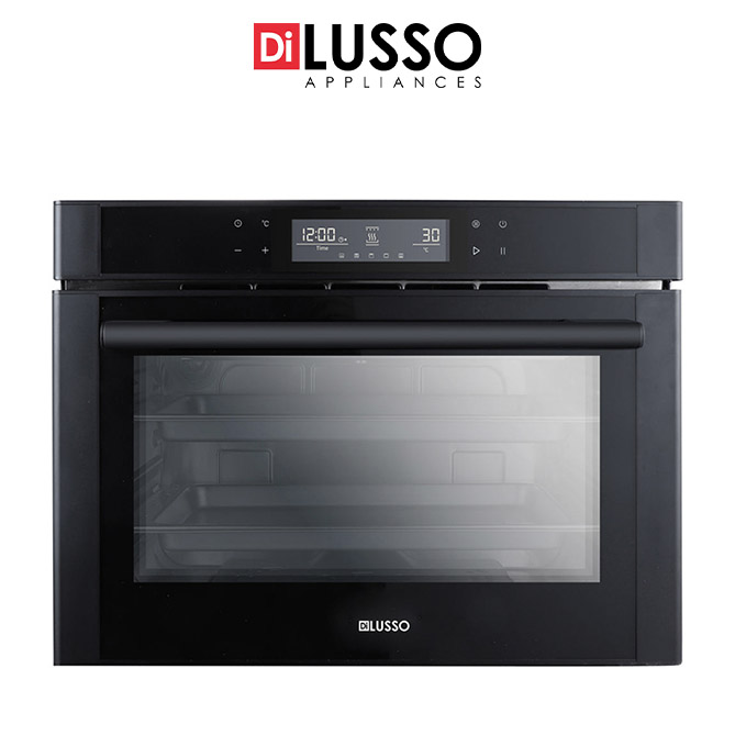 A modern 50cm black Di Lusso freestanding combi steam oven (CSO28ABFS) with a digital display showing temperature and time settings, featuring a large glass door and minimalist design.