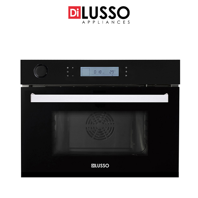 A black di lusso 60cm built-in Combi Steam oven with a digital display and control panel.