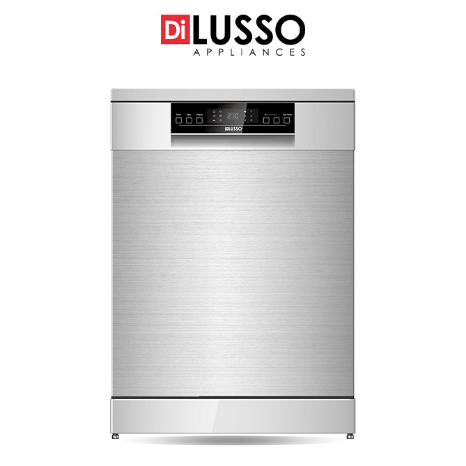 A 60cm Di Lusso Stainless Steel Freestanding Dishwasher with 14 place settings, and multiple features including LED touch display control, concealed heating element, foldable lower racks and child lock.