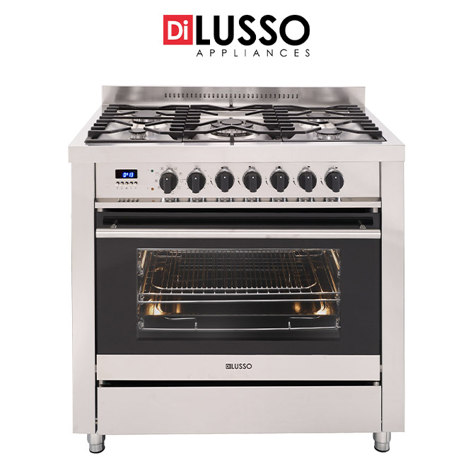 A di lusso brand 90cm Freestanding Dual Fuel Cooker Oven featuring a gas cooktop with multiple burners and a large oven with a visible interior light.