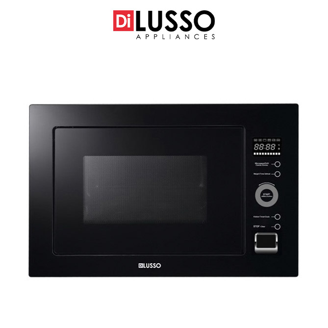 A black 60cm Di Lusso built-in combination microwave oven with a digital display and control panel on the right, featuring touch buttons and a dial.