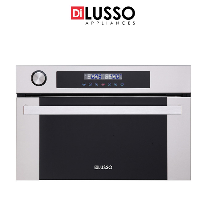 A Di Lusso 60cm built-in steam oven with a digital display, featuring a white and black design.