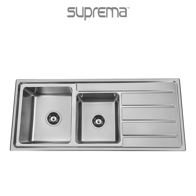 A Suprema Mason300 1 & 3/4 bowl kitchen sink with Drainer, made of corrosion-resistant 304 stainless steel.