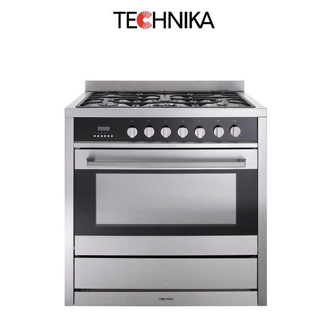Technika TU950TLE8G 90cm Dual Fuel Stainless Steel-Black Glass Upright cooker
